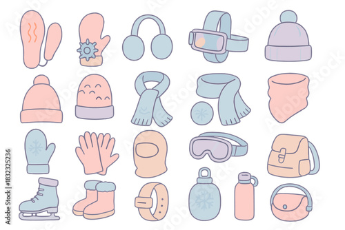 Hand-drawn winter clothing and gear icon set in soft colors