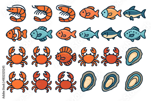 Cartoon seafood icon set with fish, shrimp, crab, and oysters