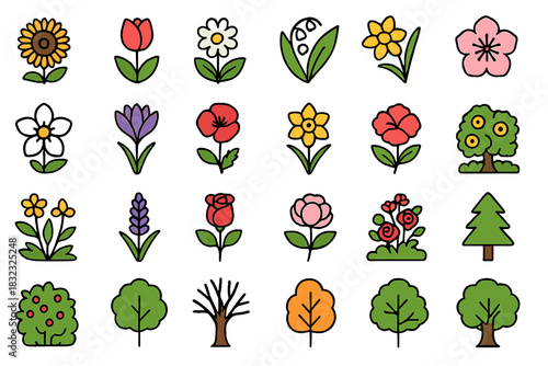 Colorful flower and tree icon set on gradient background