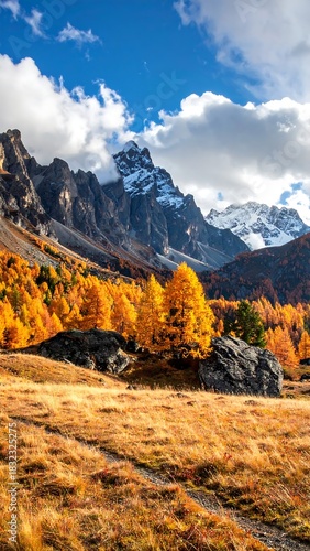 Autumnal golden grass and trees lead to distant snow-capped mountains under bright clouds in a vertical landscape