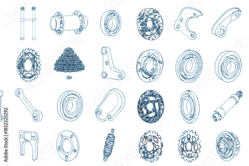 Detailed technical sketch of bicycle components on metallic blue background