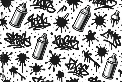 Graffiti spray cans and splatter pattern in black and white