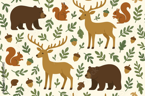 Cute forest animals seamless pattern with leaves and acorns