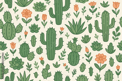 Seamless cactus and succulent pattern with floral elements