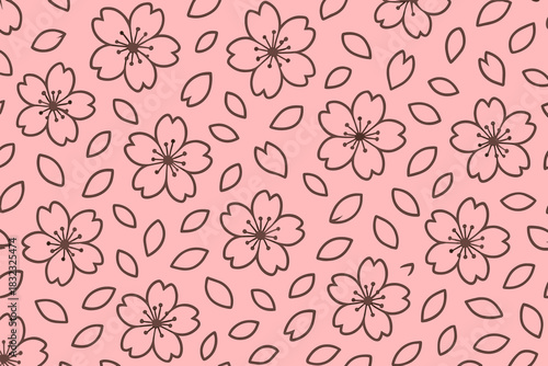 Pink seamless cherry blossom pattern with scattered petals