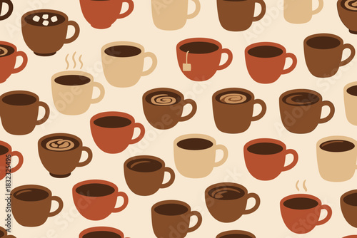 Cozy seamless pattern with assorted coffee and tea mugs