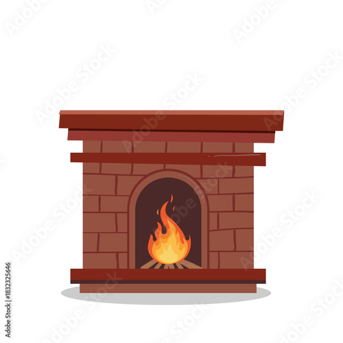 Illustration of a brick fireplace with a burning fire inside.