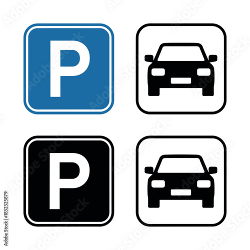 Parking signs with blue and black backgrounds depict a car icon.