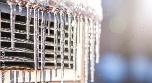 Icicles hanging from vent with sunlight reflection in winter  