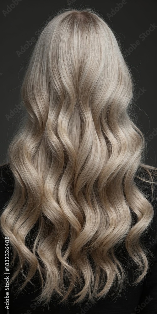 Naklejka premium Luxurious blonde curls with soft waves on a neutral background. A woman in a black top shows off her healthy hair. It is suitable for advertising shampoos, beauty salons and beauty content.