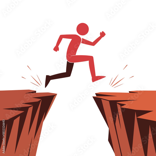 A stylized figure leaps across a dangerous chasm, symbolizing courage and overcoming challenges.