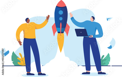  Business and project launch - Two people wit startup launching rocket, being happy and smiling. Cartoon vector illustration in flat design with white background.