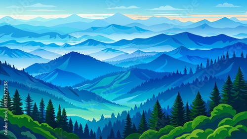 Very beautiful summer landscape in the Great Smoky Mountains, featuring layered blue ridges, dense green forests, soft haze, and tranquil rolling hills stretching across the horizon.