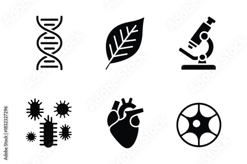 Collection of biological science icons representing genetics health and microscopic life