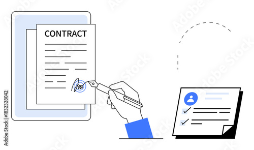Hand holding pen signing contract on tablet, checklist with profile icon nearby. Ideal for business deal, legal paper, digital signature, agreement, workflow, approval, simple flat metaphor