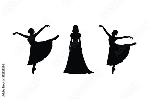Silhouettes of ballet dancers and a woman in a gown