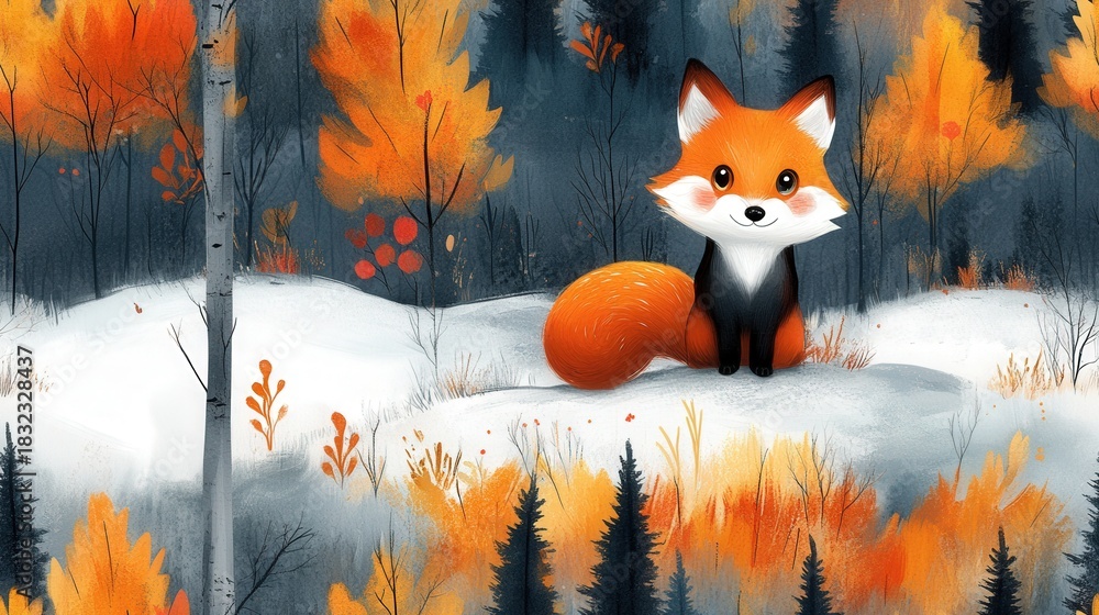 Obraz premium A majestic fox rests amidst a snow-covered forest, surrounded by vibrant autumn leaves. This image evokes a sense of tranquility and the beauty of nature's transition.