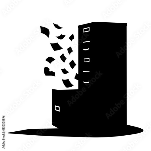 Office filing cabinet with flying papers, document management and organizational chaos concept