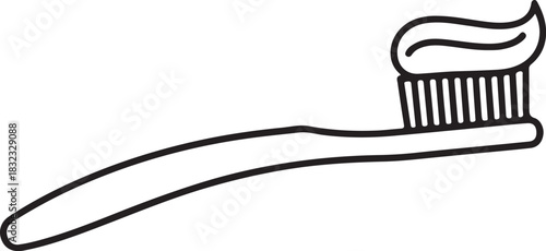 Monochrome outline illustration of a toothbrush with toothpaste, a vector icon for dental hygiene, oral care, and morning routine concepts
