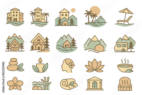 Relaxing resort illustrations featuring scenic landscapes and tranquil activities in various natural settings