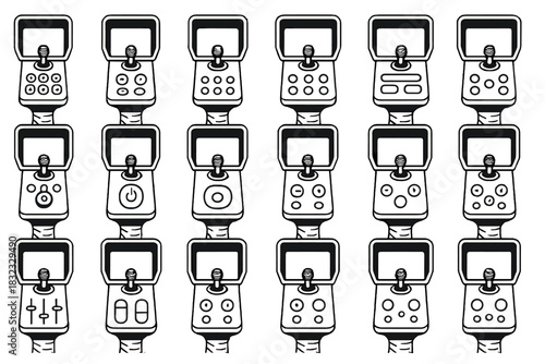 Various game controllers arranged in a grid showing different buttons and layouts for gaming enthusiasts