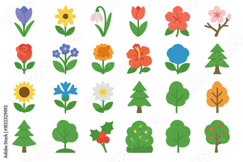 Colorful collection of various flowers and trees in a cheerful arrangement perfect for spring decoration and design