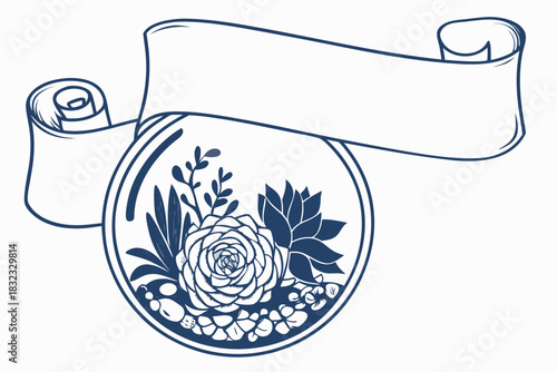 Hand drawn botanical terrarium illustration with succulent plant arrangement inside a glass sphere and a blank banner scroll above