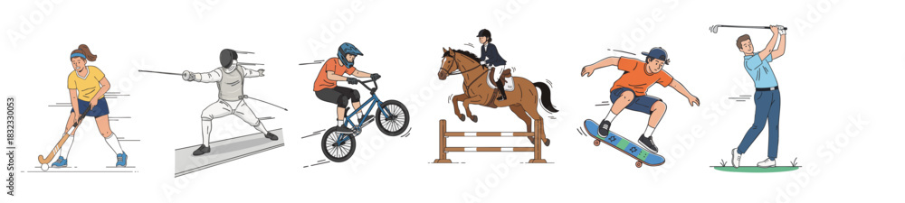 Fototapeta premium Modern athlete illustration set featuring multiple sports disciplines in energetic active poses