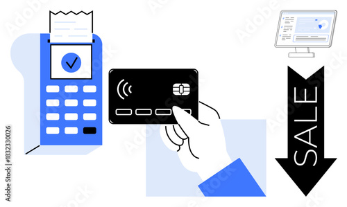 Payment terminal with receipt, hand holding contactless card, monitor displaying analytics, and sale arrow. Ideal for finance, retail, e-commerce, transactions, technology data modern commerce