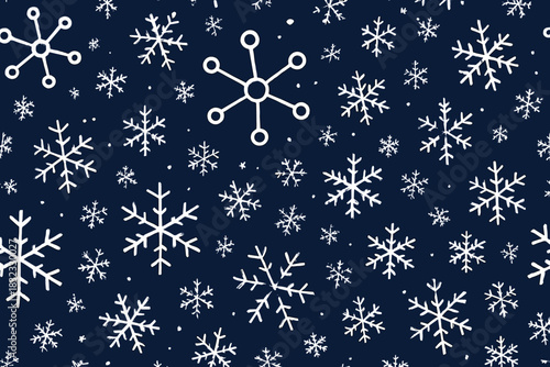 Hand-drawn white snowflakes on a dark blue winter background