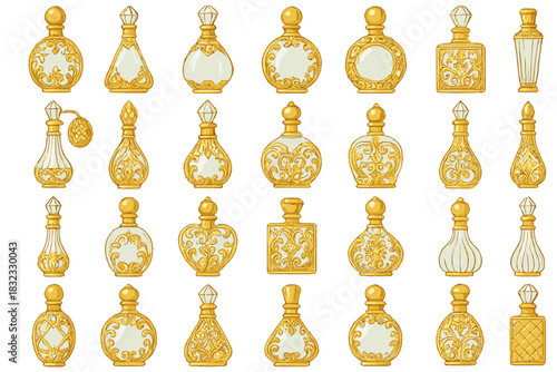 Elegant vintage perfume bottles with gold ornate designs