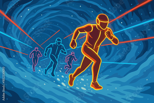 Futuristic neon runners racing through a digital tunnel