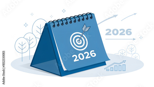 Happy new year 2026 background. 2026 blue desk calendar cover standing on trend target icon isolated on vertical background, minimal style. Business trends, goals and success, action plan concepts.