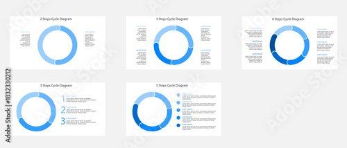 Variety of blue thin donut cycle diagram infographic templates with two three four five and six steps in flat design style