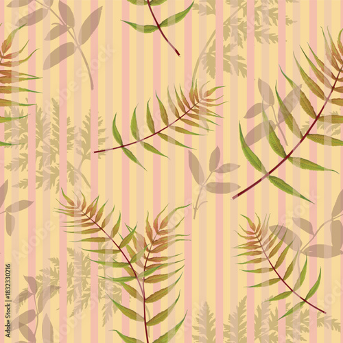 Seamless vintage botanical pattern featuring hand-painted foliage sprigs layered over soft peach and blush vertical stripes. Cutout elements.