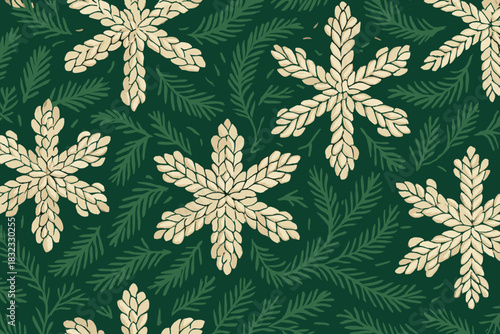 Festive winter pattern with braided snowflakes and pine branches