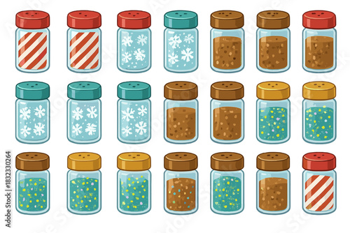 Cartoon spice jar icons with colorful festive contents