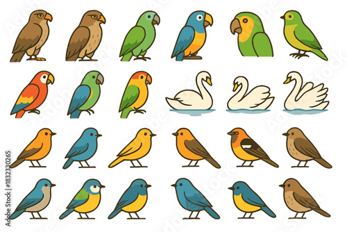 Colorful bird icon set featuring parrots, swans, and songbirds