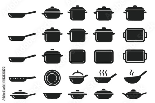 Kitchen cookware icon set in minimalist dark silhouette style