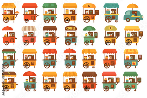 Colorful food carts and coffee stalls lined up in a vibrant market setting with customers enjoying their choices