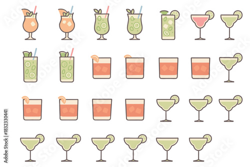 Colorful cocktails arranged in a grid showcasing various vibrant drinks at a summer party