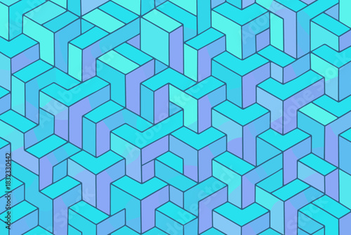 Colorful geometric pattern with layered cube shapes in shades of blue on a surface