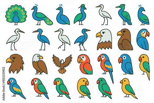 Colorful collection of bird illustrations featuring various species in playful designs