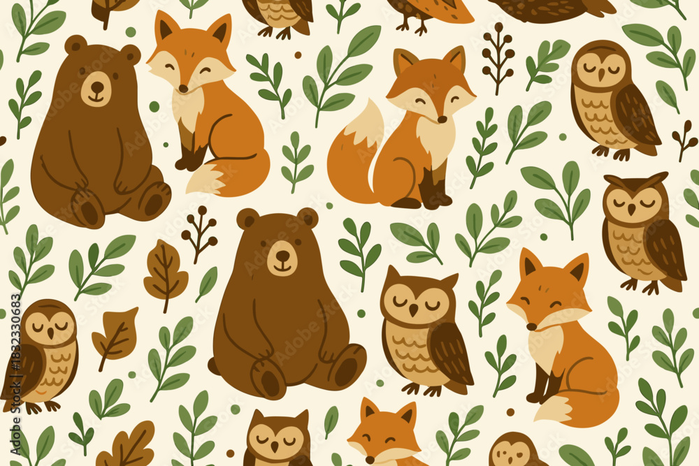 Fototapeta premium Adorable woodland animal pattern with bears, foxes, owls, and forest leaves
