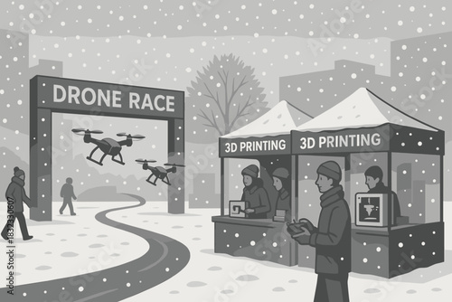 Exciting winter drone race event features 3D printing stalls in snowy urban setting