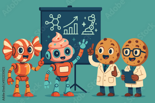 Robots and scientists collaborate at a cheerful presentation about technology and snacks