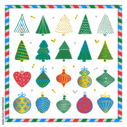 Festive colorful Christmas tree and toy set, vector color hand drawn doodle bundle in striped decorated holiday frame. Green, blue, red, gold and silver cliparts