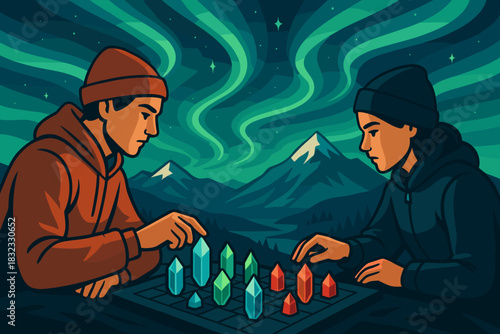 Two people playing strategy board game under northern lights in the mountains