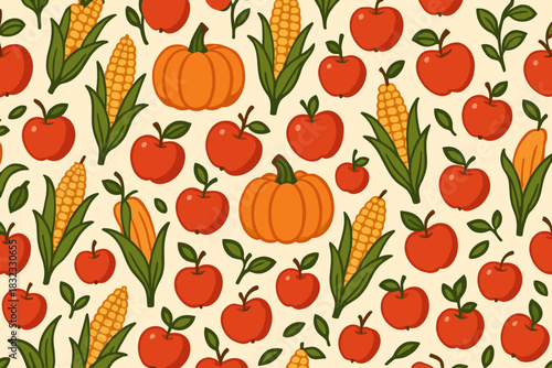 Autumn harvest pattern with pumpkins, apples, and corn