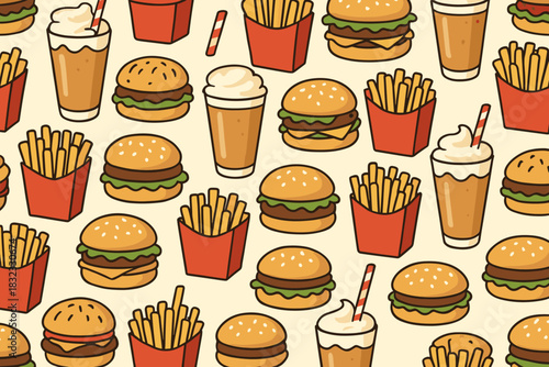 Fast food pattern with burgers, fries, milkshakes, and drinks